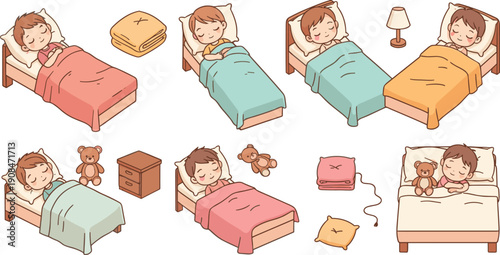 Cute Child Sleeping in Bed Cartoon Set with Cozy Blankets, Pillows, Teddy Bear, Nighttime Bedroom Scenes, and Peaceful Sleep Poses Vector Illustration
