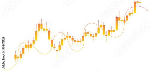 Bullish candlestick chart with rising trend and yellow orange gradient candles with indicator line isolated on transparent background