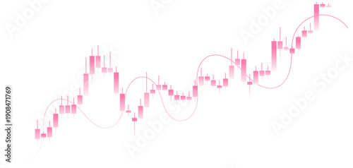 Bullish candlestick chart with rising trend and pink gradient candles with indicator line isolated on transparent background