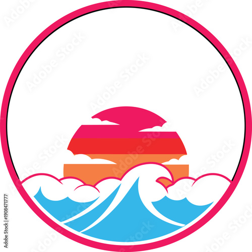 Vibrant ocean sunset with colorful sky and dynamic waves crashing, enclosed in a bold circular frame