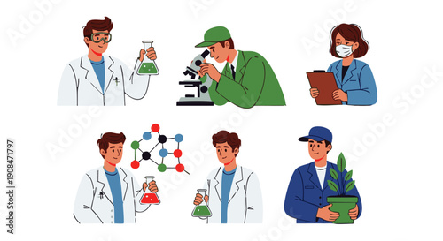 Cartoon characters in lab coats and workwear holding scientific equipment and plants in flat