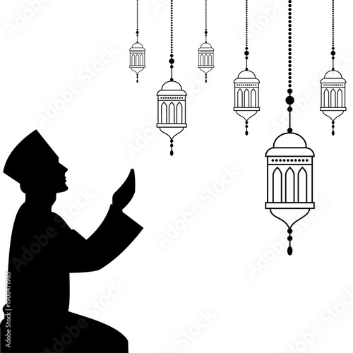 Muslim Man Praying Silhouette with Hanging Ramadan Lanterns Islamic Prayer and Spiritual Worship Concept Vector Illustration