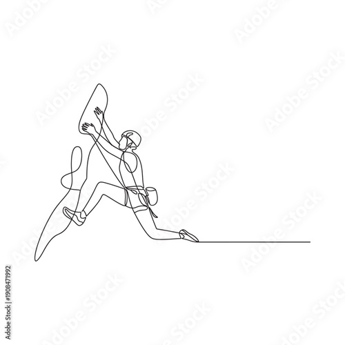 A continuous line drawing depicts a rock climber in mid ascent showcasing dynamic movement