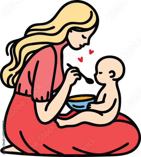 Colorful line art illustration of A caring mother feeding her happy baby from a small bowl with a spoon on a white background