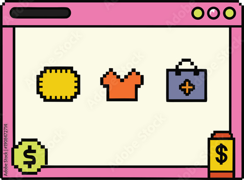 Retro pixel window frame filled with ecommerce icons