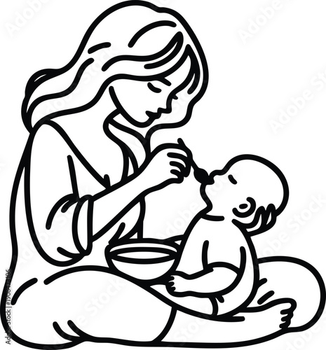 Mother feeding baby with a spoon simple line art illustration of nurturing and childcare perfect for parenting blogs and health websites isolated on white background