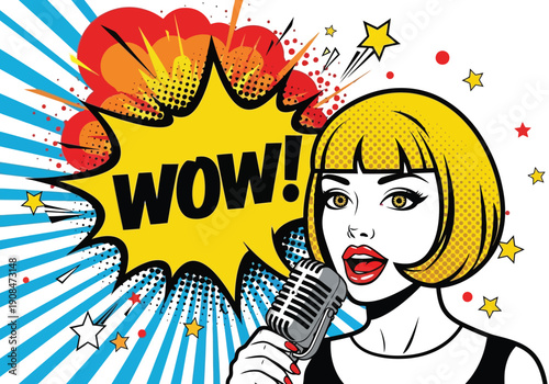 Canvastavla Pop art woman singing into vintage microphone with wow speech bubble