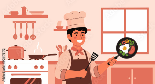 Cartoon chef in a light brown kitchen holding a frying pan with breakfast food and spatula