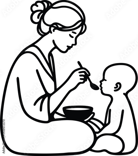 Minimalist line art illustration of A caring mother feeding her happy baby from a small bowl with a spoon on a white background