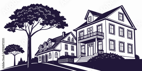 Black and white illustration of suburban houses and trees, vector