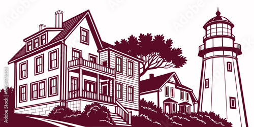 Vintage style illustration of a coastal house and lighthouse, vector