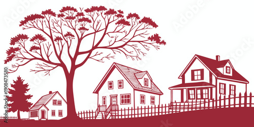 Red and white illustration of a suburban neighborhood with houses and trees, vector