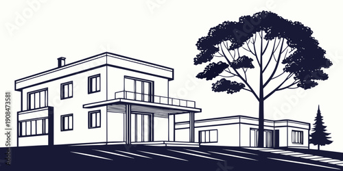 Architectural line art illustration of a modern two-story residential house, vector