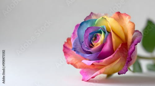 A vibrant rainbow rose with petals displaying a spectrum of colors.