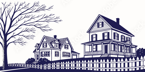 Two traditional suburban houses with a picket fence and a bare tree, vector