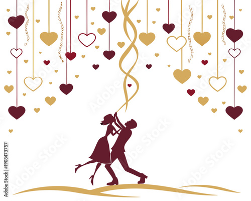Silhouette of a romantic couple dancing under hanging hearts, vector