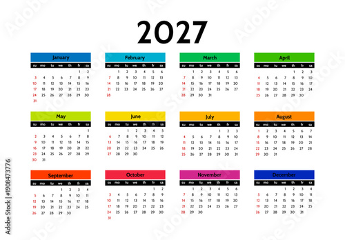 Calendar for 2027 isolated on a white background