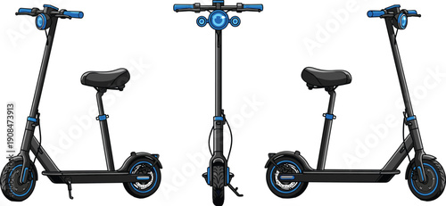 Modern electric scooter with seat shown in three views, black frame with blue accents, product design illustration for transport and technology themes