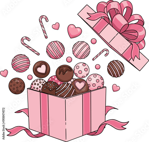 Pink gift box with ribbon bursting open to reveal chocolates, truffles, candy canes, and heart-shaped sweets for celebration themes