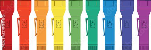 Row of colorful flashlights in rainbow spectrum, identical design with varied shades, concept illustration for diversity, color theory, and inclusivity