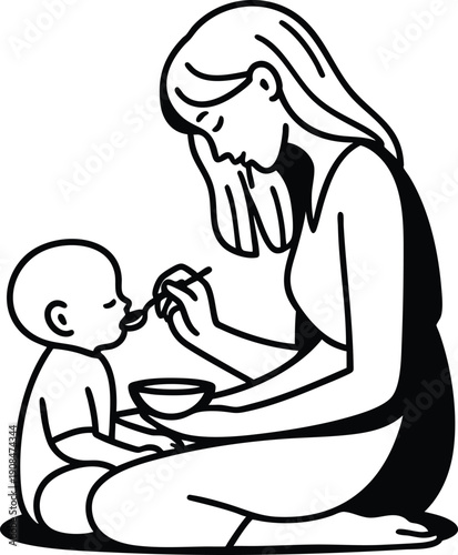 Mother feeding baby with spoon simple line art illustration representing nurturing care and family bonding isolated on white background