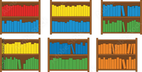 Six wooden bookshelves with colorful books arranged in patterns, educational illustration for learning, organization, decoration, and cognitive development themes