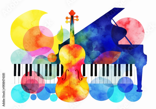 Colorful Abstract Illustration of a Grand Piano and Violin with Musical Notes and Bubbles