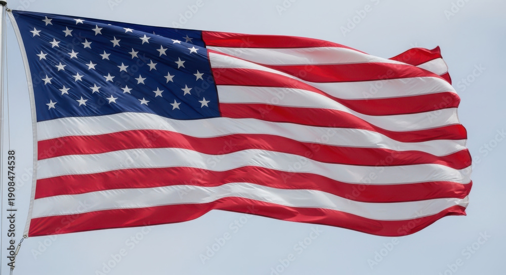 Fototapeta premium American flag waving against a clear sky.