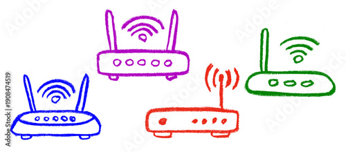 Modem Router Wifi Icons Crayon Chalk Drawing Doodle Vector Set
