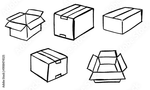 Cardboard Shipping Boxes Crayon Chalk Drawing Doodle Vector Set