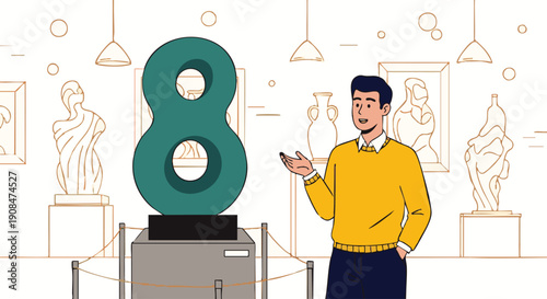 Man in yellow sweater gesturing beside large teal infinity symbol in museum setting with statues and frames