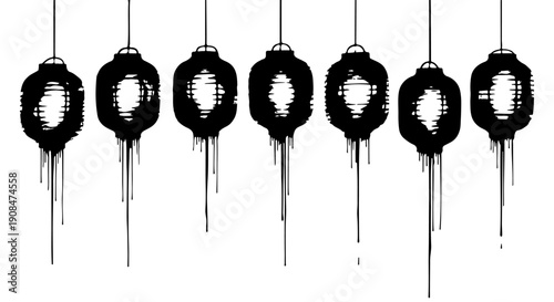 A row of seven dark, abstract hanging decorations with a distressed, dripping texture on a white background, creating a monochrome grunge design for seasonal decor