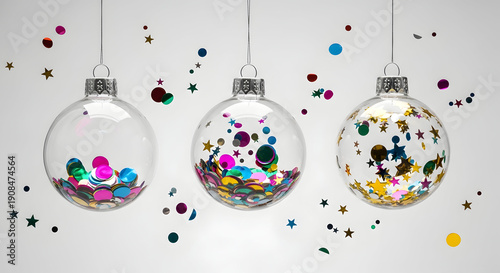 Three hanging transparent glass baubles filled with multicolored confetti and stars