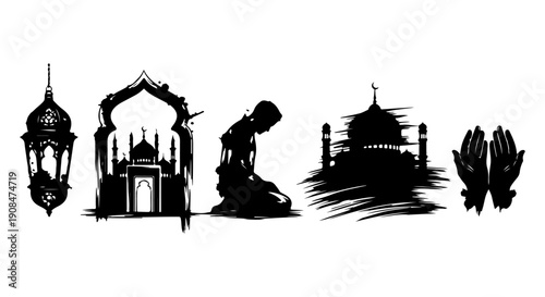 Collection of Islamic icons representing Ramadan and Eid celebrations including mosques, prayer, and lanterns