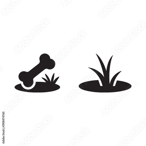 A simple black and white illustration of a bone and grass patches