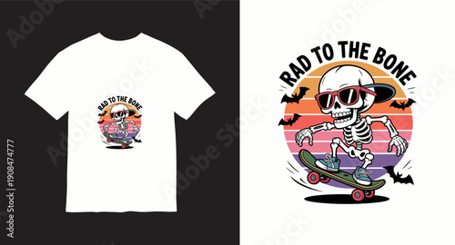 Skeleton skateboarding vintage sunset style t-shirt design with rad to bone typography