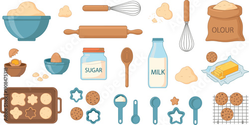 Baking Ingredients and Kitchen Tools Set with Flour, Sugar, Milk, Eggs, Cookies, Rolling Pin, Whisk, and Measuring Spoons Vector Illustration