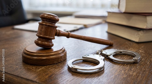 Gavel, handcuffs, and legal books representing justice system