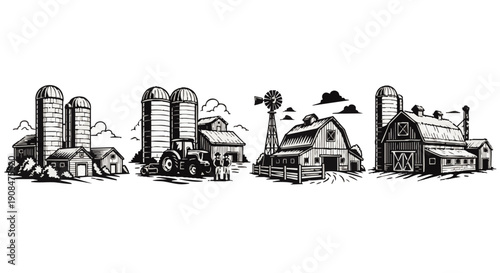 Black and white line of rural farm scene with silos barns tractor and windmill