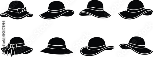 Black and white icon set of various stylish hats with different brim shapes and ribbon details for design and illustration