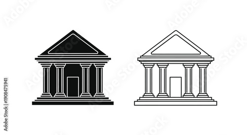 Two classical building facades one black and one white with columns