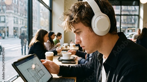 Young man studying architecture plans on tablet in cafe