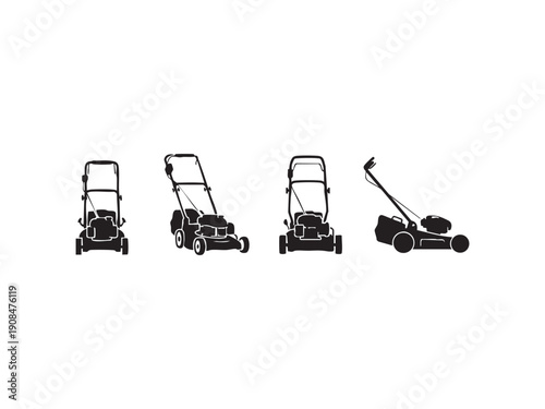 Lawn mower silhouette vector icons collection showing different angles of garden equipment
