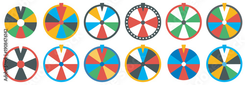 Game wheel vector set, multicolor prize wheels, reward sections, fun contest and raffle design, playful vector illustration, colorful game graphics