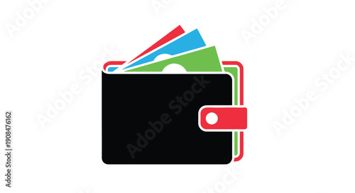 A black wallet with colorful money protruding from its opening