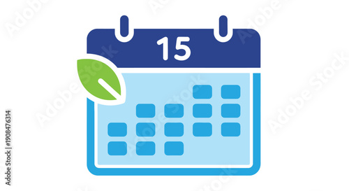 A blue calendar icon displaying the number fifteen with a leaf