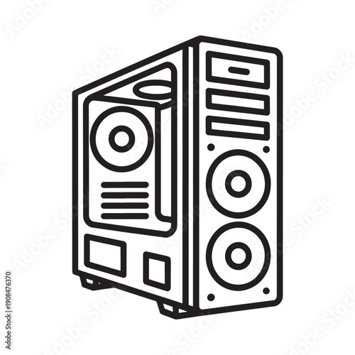 Line art illustration of a computer tower showcasing its ports and design