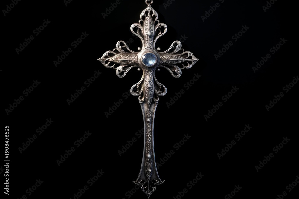 Obraz premium Ornate silver cross pendant decorated with filigree details and a light blue gemstone on black background