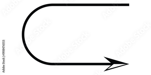 Minimalist Black Curved U-Turn Arrow Pointing Right at Bottom Representing Progress Rotation Next Loop or Directional Path Isolated on White Background.