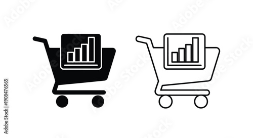 Shopping cart with graph icon set solid and outline versions shown